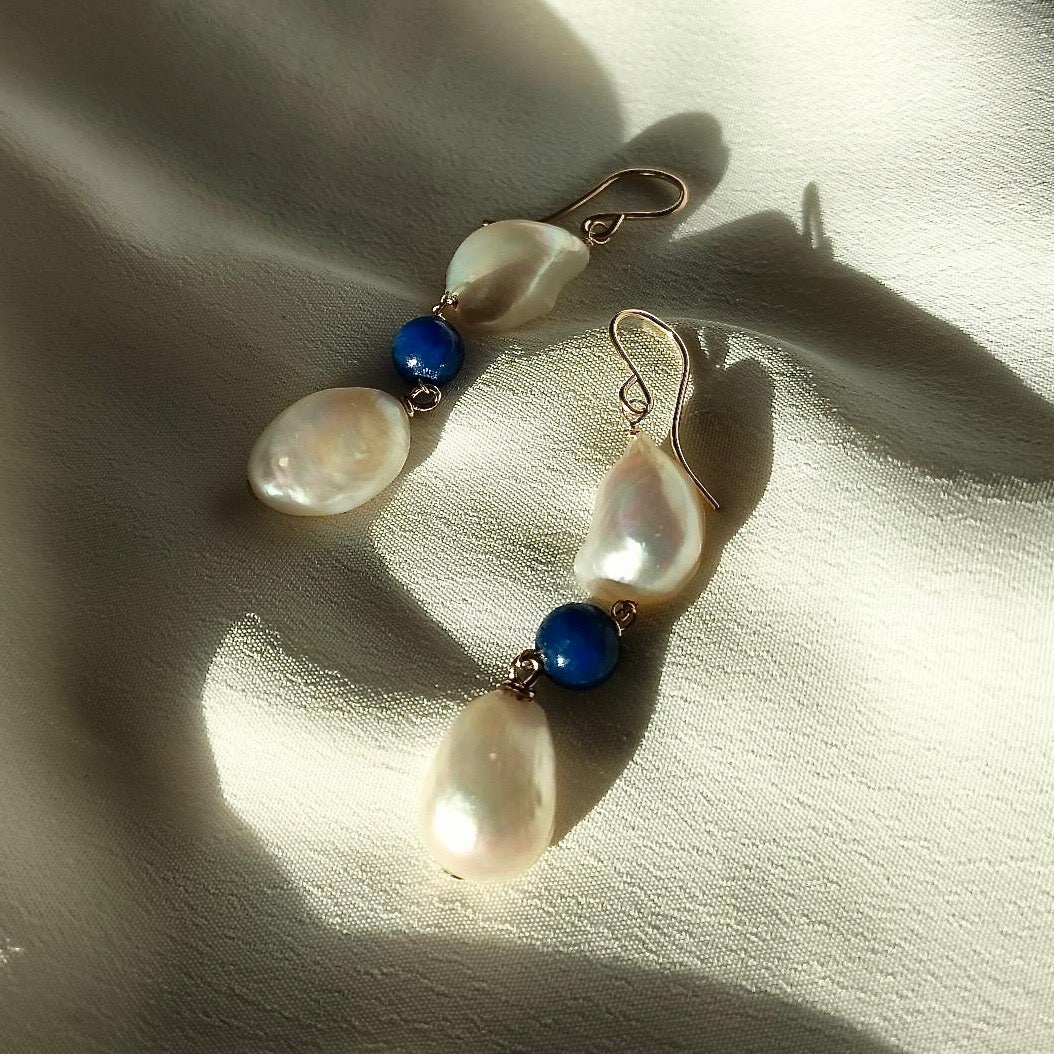 Long Pearl and Blue Bead earrings