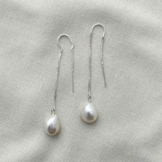 Long Pearl Ear Threaders - silver