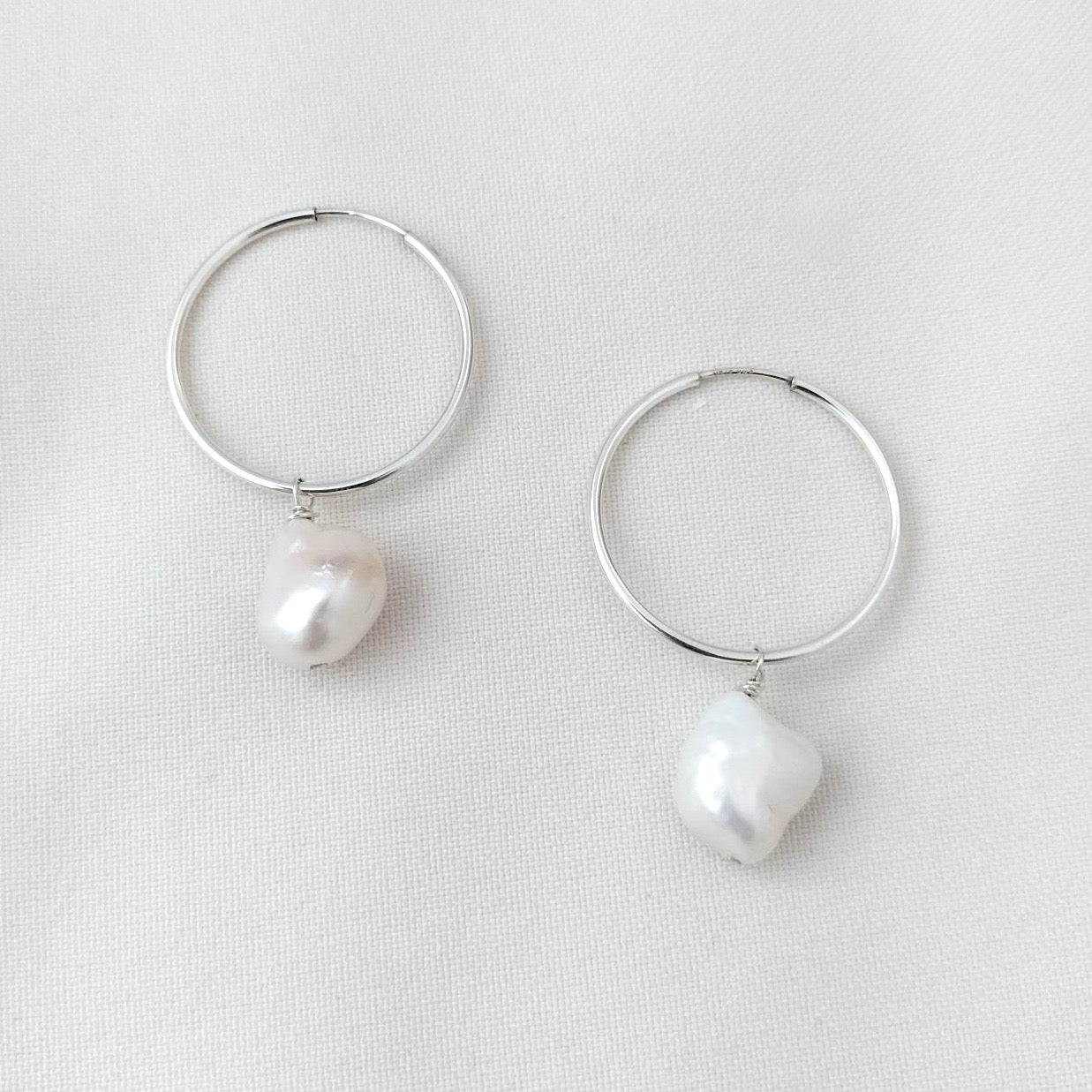 Silver Hoops with Baroque Pearls