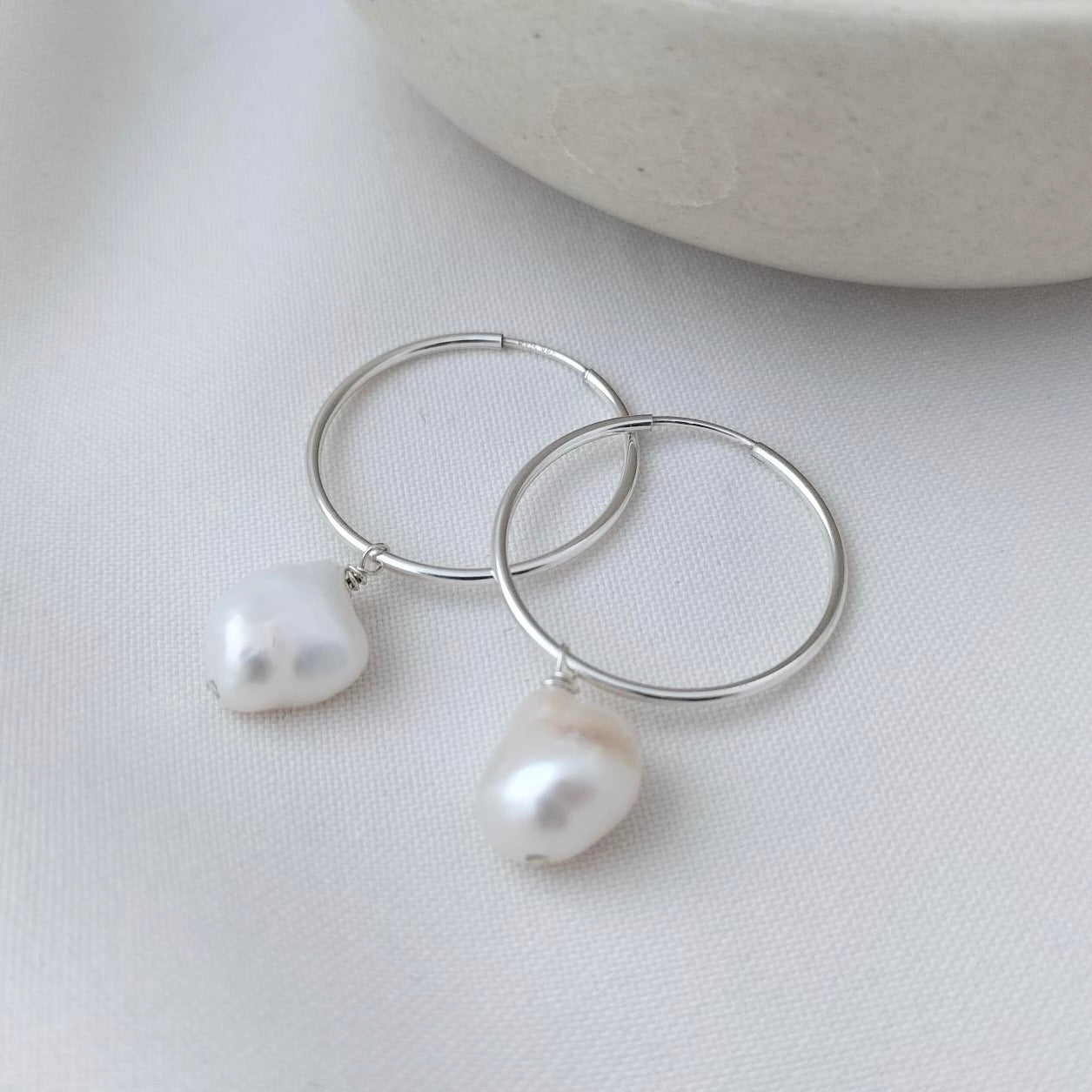 Silver Hoops with Baroque Pearls