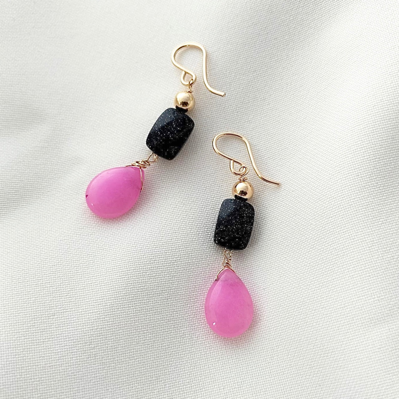 Pink jade beaded dangly earrings