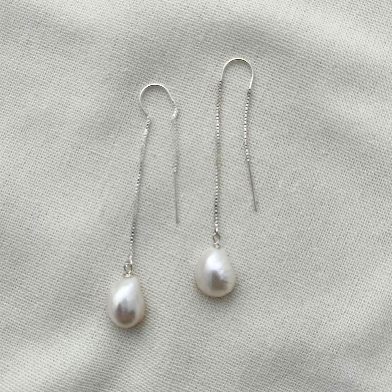 Long Pearl Ear Threaders - silver