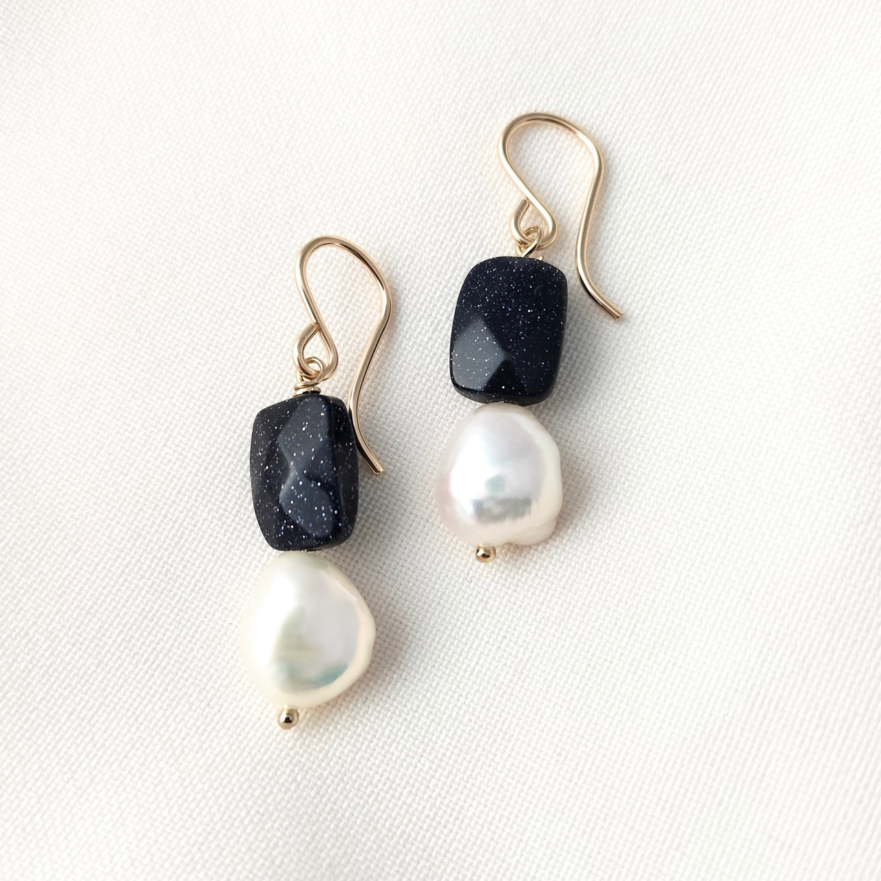 Navy blue sandstone and pearl drop earrings