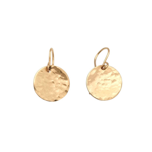 Gold hammered disc dangly earrings