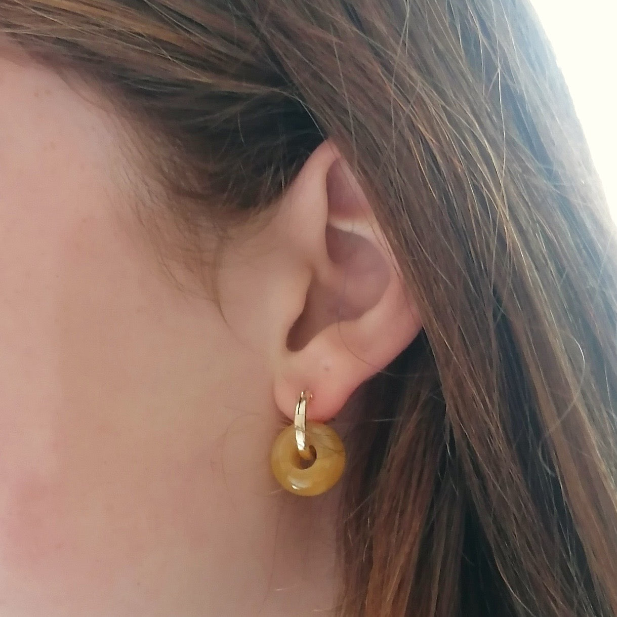 Yellow jade ear hugger hoop earrings